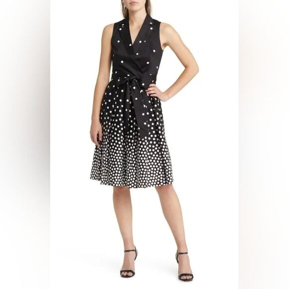 AnneKlein Cotton Fit Flare Faux Wrap Black White Polka Dot Midi Dress Us6 Medium - Picture 2 of 13
